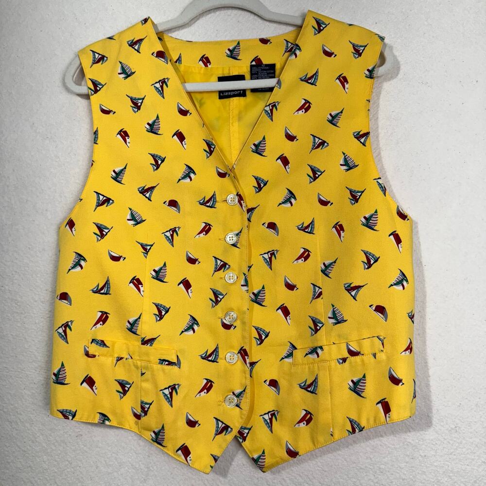 Liz Claiborne Sport 80's VTG Nautical Sailboat Print Yellow Vest Women’s Size 12